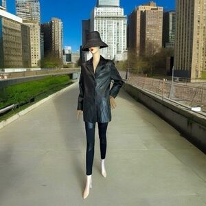 Women Jacket NINE WEST Genuine Leather Coat Black Long Sleeve Button Front Coat
